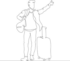 Continuous one line drawing young man hitchhiking on the road. Hitchhiking. Man with luggage.One continuous line isolated minimal illustration.Not AI.