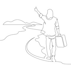 Continuous one line drawing young man hitchhiking on the road. Hitchhiking. Man with luggage.One continuous line isolated minimal illustration.Not AI.