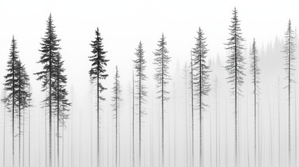 Minimalist foggy pine tree line in a monochrome setting, an elegant and simple natural landscape illustration
