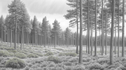 Serene misty pine forest landscape with tall trees and soft fog, a tranquil nature scene in black and white
