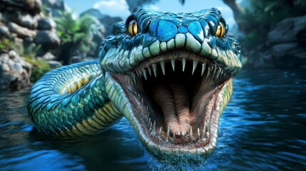 Naklejka premium Large, vibrant snake with a menacing expression in murky water, surrounded by jungle rocks and plants. High detail scales and teeth are visible