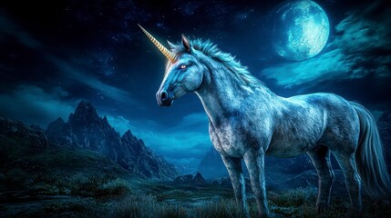 Fototapeta premium Majestic mythical creature at night, illuminated by moonlight, against a starry sky, with distant mountains. The creature's fur shines with a cool