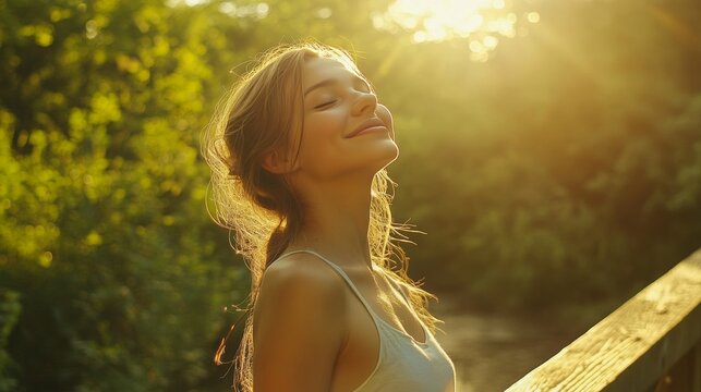 young pretty woman stands on a bridge with her eyes closed and a smile on her face, enjoying the sun's rays, concept: take care of yourself, 16:9