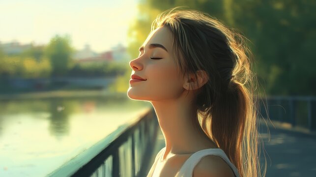 young pretty woman stands on a bridge with her eyes closed and a smile on her face, enjoying the sun's rays, concept: take care of yourself, 16:9
