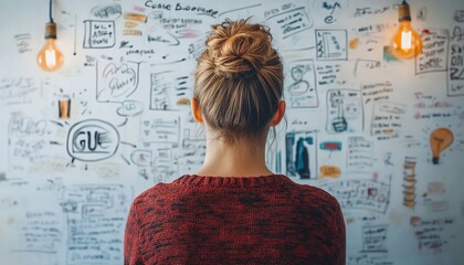 Businesswoman reflecting on education and success, surrounded by motivational concepts and phrases on a white wall, representing ambition, leadership, and career advancement