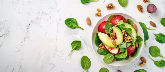 Naklejka premium Healthy food of fruits salad with vegetable copy space white background, top view. AI generated