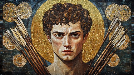 An exquisite Byzantine mosaic of Saint Sebastian’s serene expression despite his suffering, delicate tesserae capturing the pain and devotion in his face,