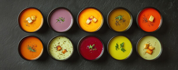 Fototapeta premium Artistic flat lay of vibrant vegetable cream soups in bowls, showcasing variety of colors and garnishes. Perfect for food photography and culinary presentations