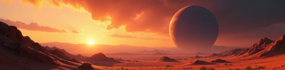 Obraz premium Massive asteroid hovering above a barren landscape, sunlight peeks over the horizon, horizon, distant, vast
