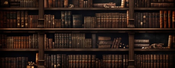 The wall full shelf of ancient books and manuscripts in library room vintage style. AI generated