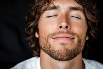 Obraz premium Man enjoying a moment of tranquility with eyes closed and a content smile on his face