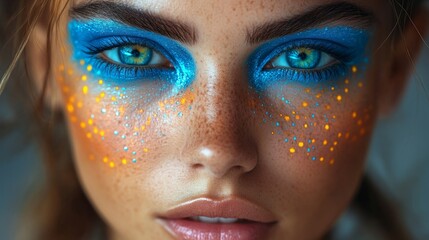 Portrait of a woman with neon UV makeup, colorful patterns on face, soft ambient glow