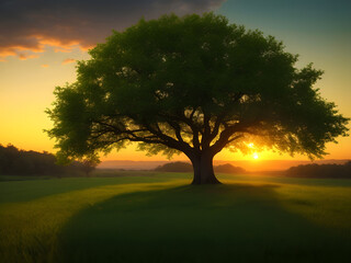 Naklejka premium sunrise and a green tree in the forest
