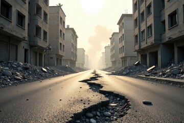 Fototapeta premium A Deserted Street, Cracked and Filled with Debris, Shows the Aftermath of a Catastrophic Event, Possibly a Natural Disaster, Leaving Behind a Scene of Devastation and Emptiness