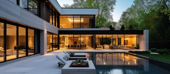 Luxurious modern house at evening view scenery. AI generated image