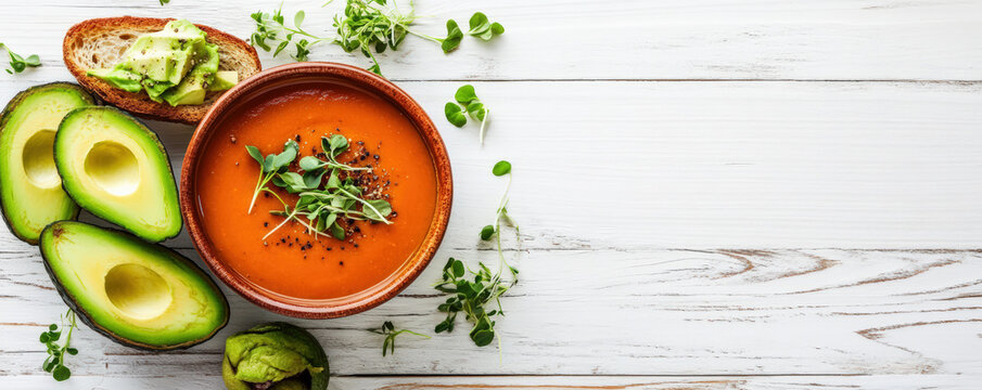 rustic bowl of tomato soup garnished with microgreens, served with avocado toast and fresh avocado slices, creating vibrant and healthy meal