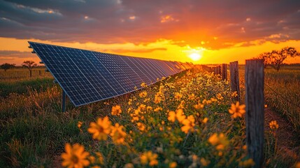 Vibrant sunset over solar panels surrounded by blooming wildflowers in a serene landscape