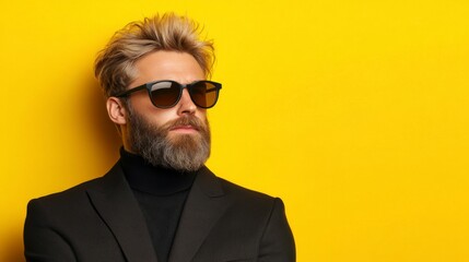 Obraz premium Stylish man with beard and sunglasses poses confidently against a bright yellow background