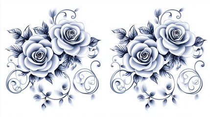 Elegant blue and white roses adorned with decorative swirls, a sophisticated floral design blending classic and artistic elements

