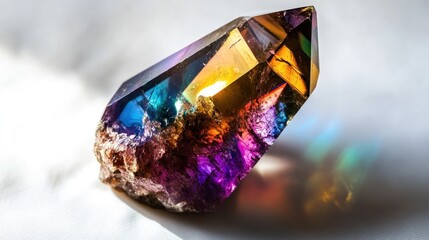 Iridescent aura quartz crystal gleaming on a white textured surface