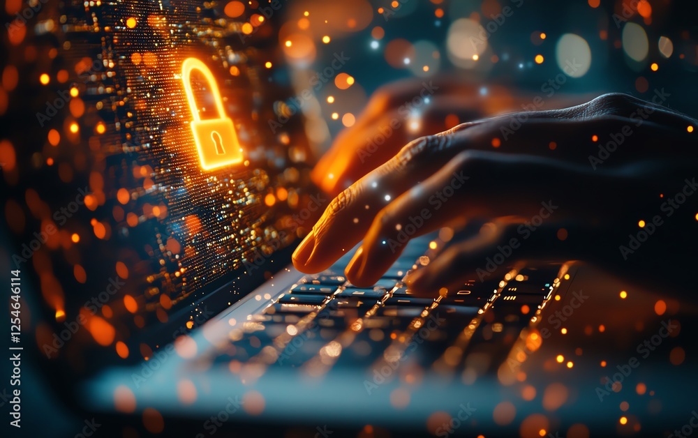 Poster Cybersecurity concept with hands typing on a laptop keyboard, digital lock hologram floating above, set against a vibrant bokeh lights background, representing data encryption