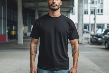 Fototapeta premium Man poses confidently in a black t-shirt against an urban backdrop in a city setting