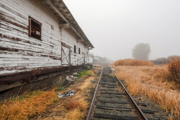 Railroad tracks between old building and tall dry grasses