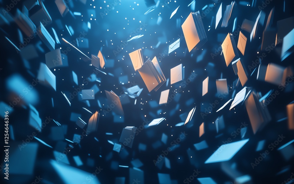 Poster Data transfer concept with digital folders floating over dark wallpaper, symbolizing secure cloud backup, virtual document storage, and data loading, highquality 3D render