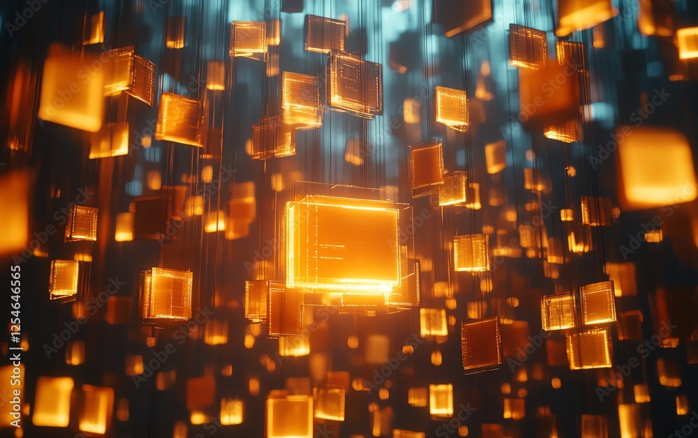 Aufkleber Digital data exchange with illuminated folders moving across a dark wallpaper background, representing virtual document storage, backup data, and cloud service, 3D rendering