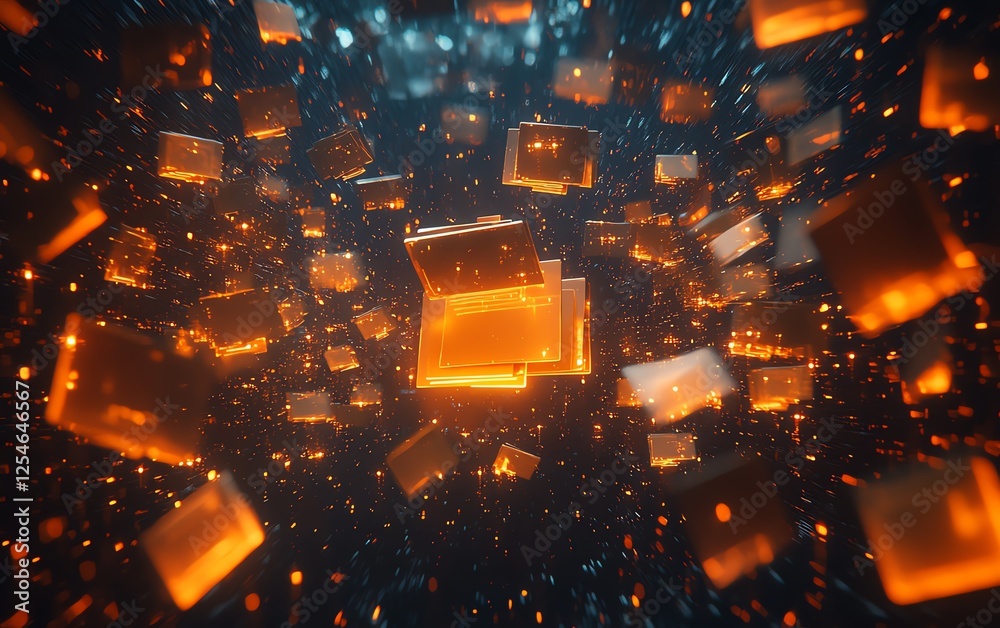 Poster Digital data exchange with illuminated folders moving across a dark wallpaper background, representing virtual document storage, backup data, and cloud service, 3D rendering