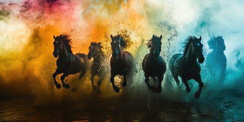 Black Horses Running Through Colorful Powder, Splashing Water