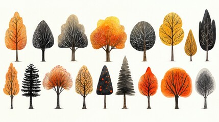Fototapeta premium Colorful illustration of various trees showcasing autumn foliage against a light background