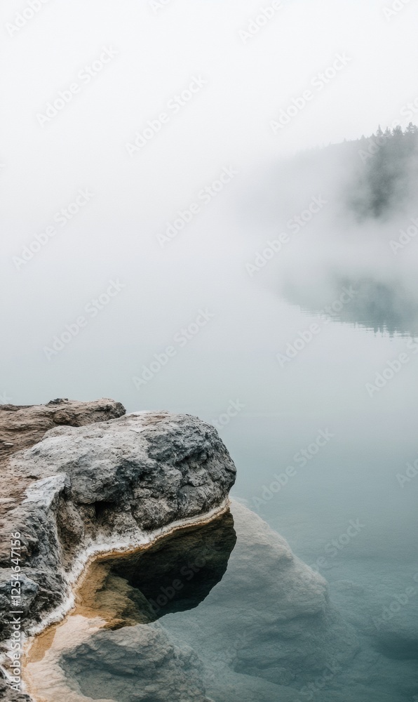 Aufkleber Serene hot spring with rising steam and rocky edges creating a tranquil atmosphere in a natural setting. Generative AI
