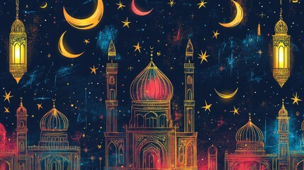 A festive hand-drawn seamless pattern for Ramadan Kareem, filled with doodles of mosques, lanterns, and crescent moons in vector style