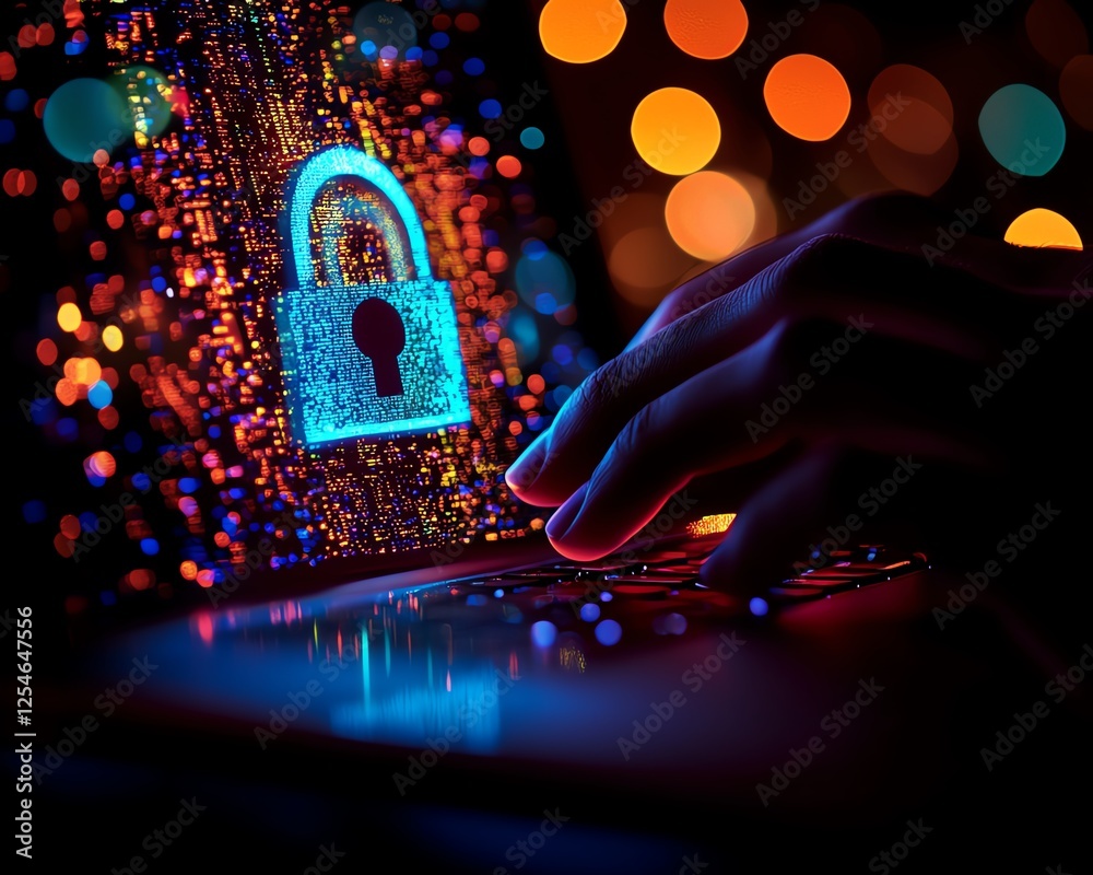 Poster hands typing on a laptop keyboard with a glowing digital lock hologram, symbolizing cybersecurity, o