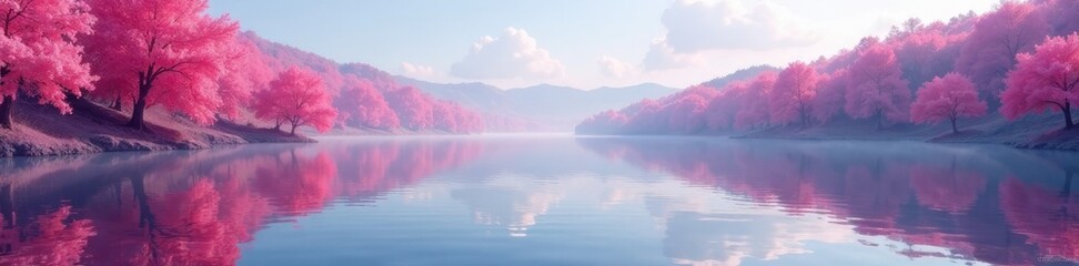 Obraz premium Reflections of pink trees on lake surface ripple, serene landscape, calming scene