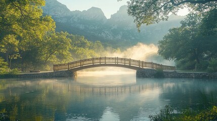 Serene wooden bridge over misty lake surrounded by lush trees and mountains at dawn