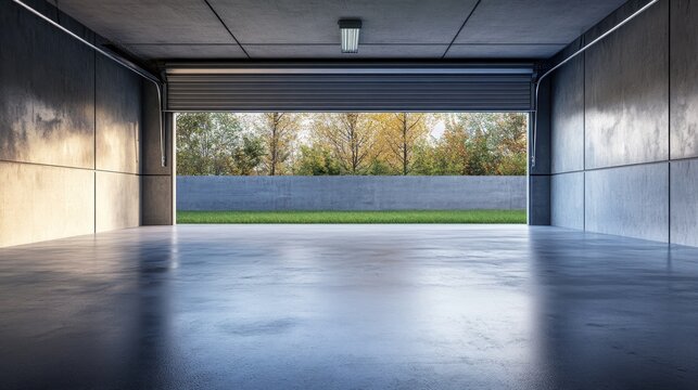 Open garage door reveals autumnal backyard