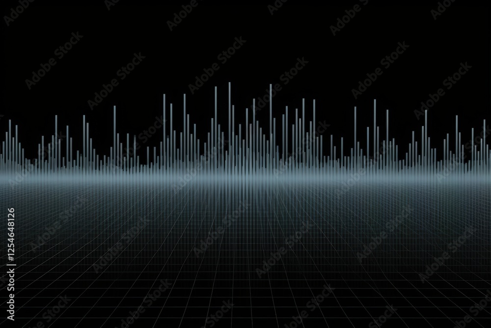 Poster abstract digital waveform visualization with grid background highlighting audio frequencies in a dyn