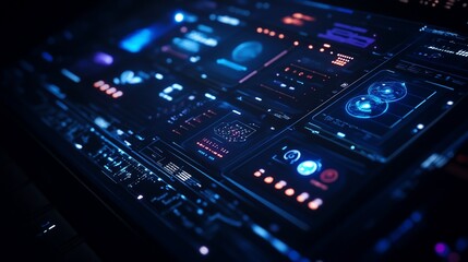 Obraz premium Futuristic interface with illuminated touch screens showcasing advanced data analysis