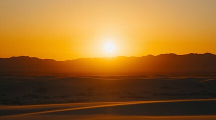 Desert sunset, sun over dunes, mountains, landscape, travel postcard