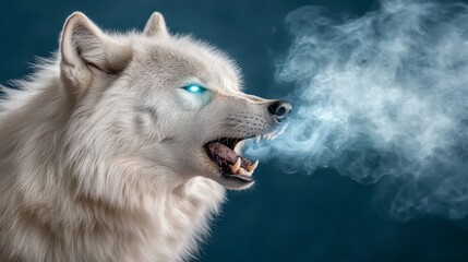 Obraz premium Close up of a white wolf with glowing blue eyes, emitting smoke, against a dark background. Powerful expression