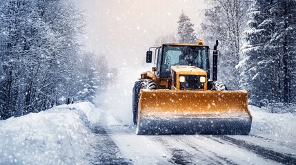 Heavy machinery plowing through deep snow on a forest road in a winter storm digital