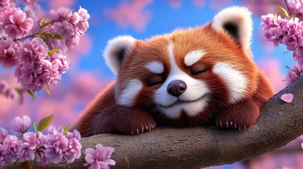 Fototapeta premium A small mammal rests peacefully on a branch, surrounded by vibrant pink flowers in a spring like setting. The lighting suggests a soft, warm