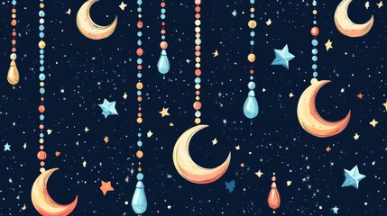 Naklejka premium A festive Ramadan Kareem seamless pattern, featuring hand-drawn vector illustrations of prayer beads, crescent moons, and stars