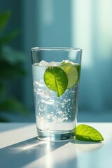 Fototapeta premium Refreshing glass of water with a subtle splash of sunlight on its surface, water, purity