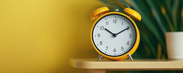 Wake up woman idea. Bright yellow alarm clock on a wooden table against a vibrant wall background.