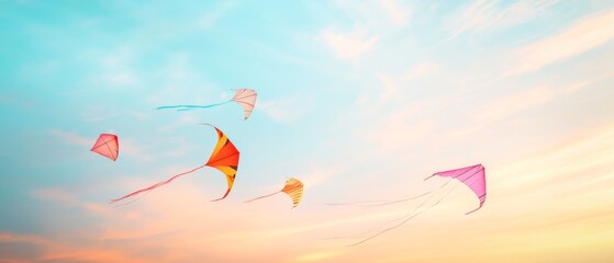 Bright colorful kites dance joyfully against a pastel sky, celebrating the freedom and playful spirit of a perfect day.