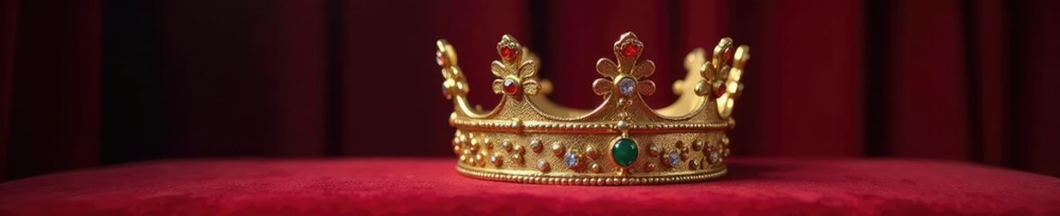 Fototapeta premium Regal golden crown with intricate diamonds and emblems atop a velvet cushion, status, jewels, wealth
