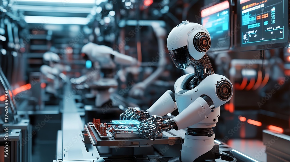 Poster industrial robots assembling products on a factory line with precision.